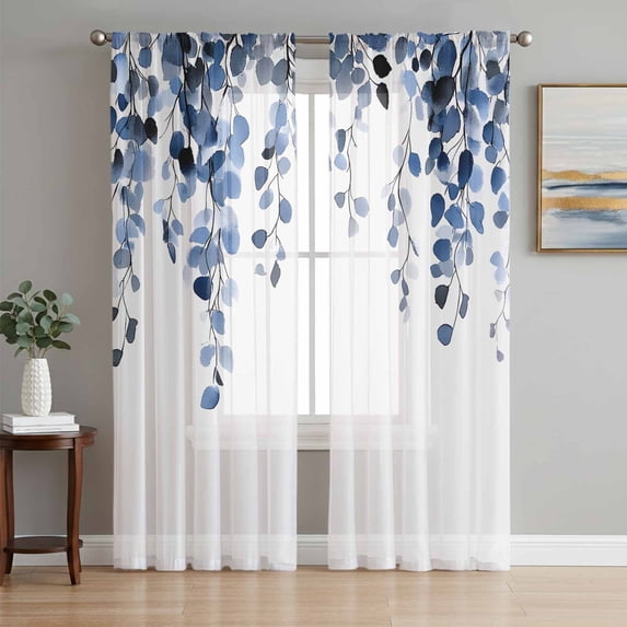 Blue Eucalyptus Leaves Sheer Curtains 84 Inch Length 2 Panels Set, Weeping Spring Botanical Summer Voile Window Treatment Rod Pocket Curtains Sheers Drapes for Bedroom/Living Room/Kitchen 52"x84"x2