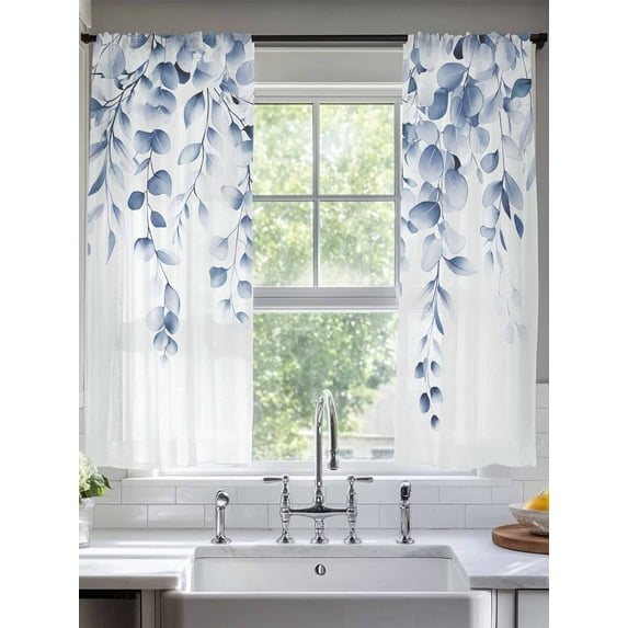 Blue Eucalyptus Leaves Sheer Curtains for Living Room Bedroom Watercolor Spring Botanical Sheer Curtains 72 Inch Long 2 Panels Set Light Filtering Curtain Window Treatments Drapes for Dining Room