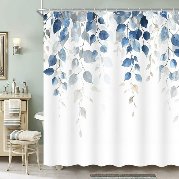 Blue Eucalyptus Leaves Shower Curtain, Natural Watercolor Floral Shower Curtain for Bathroom Decor, Spring Leaf Vines Botanical Ink Shower Curtain Set with 12 Hooks 72x72 inch