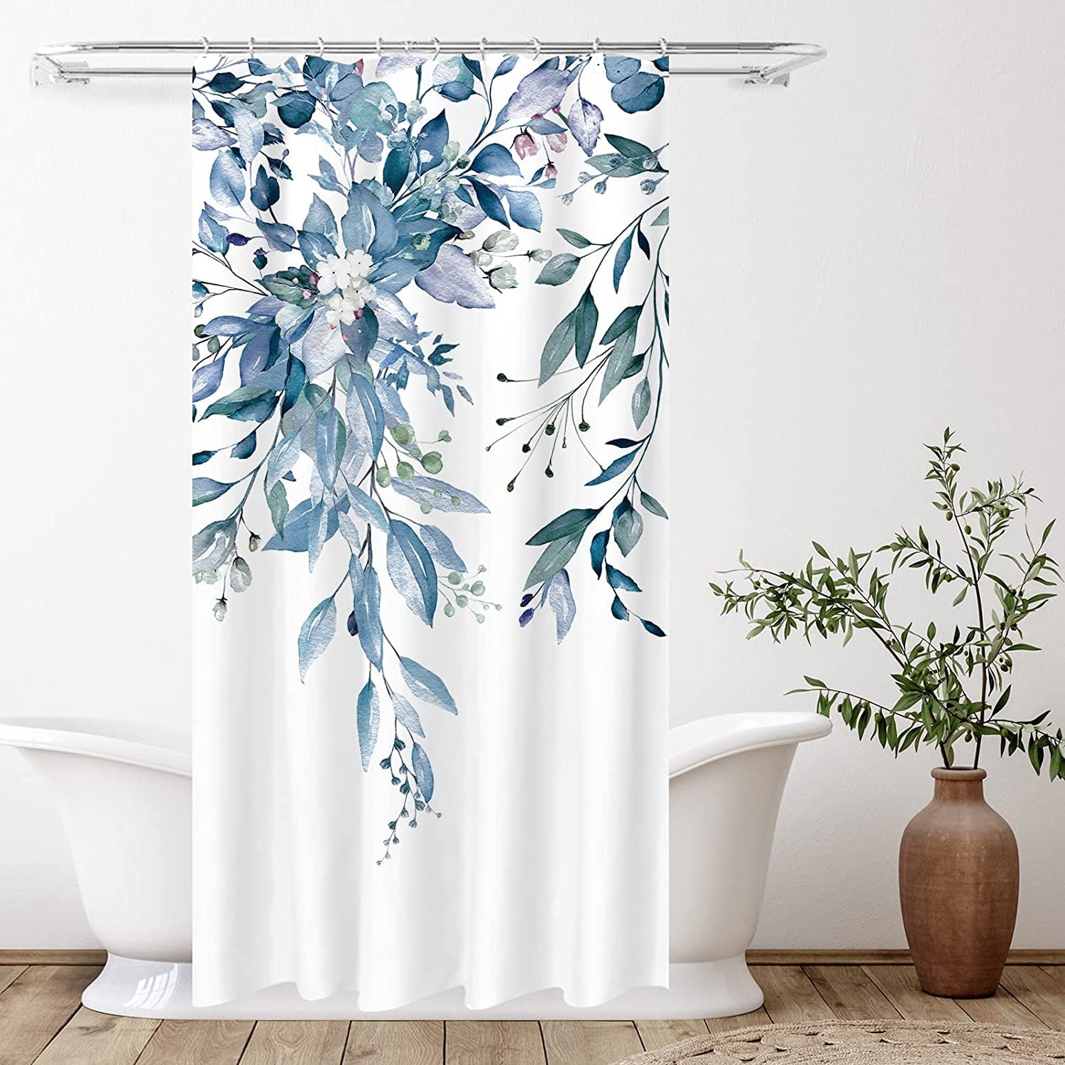 Blue Eucalyptus Leaves Shower Curtain Sets, Watercolor Leaves on The Top Plant with Floral Bathroom Decoration 36x72 Inch with Hooks