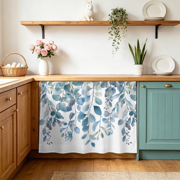 Blue Eucalyptus Leaves Small Sink Skirt 10"Wx11"L,Dustproof Under Sink Curtain with Self Adhesive Tape,Watercolor Botanical Weeping Cabinet Curtain Cover for Bathroom Vanity,Kitchen Storage Shelf,RV