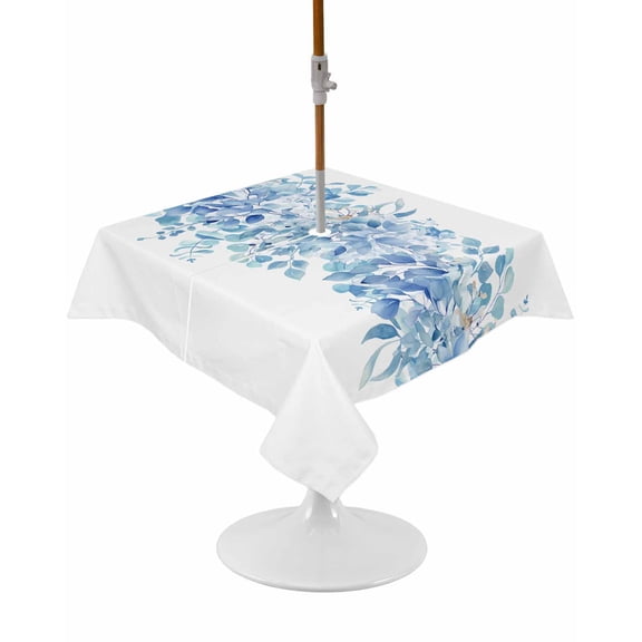 Blue Eucalyptus Leaves Square Outdoor Tablecloth, Waterproof Table Cloth Cover with Umbrella Hole and Zipper, Spring Summer Botanical Floral Table Protector for Patio Party Picnic 54"x54"