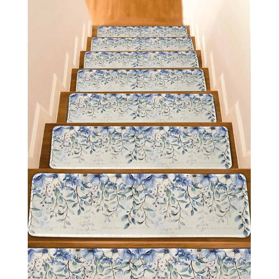 Blue Eucalyptus Leaves Stair Treads Non Slip Indoor for Wooden Steps, Farmhouse Retro Botanical Floral 4 Pcs Stair Mats for Elders Dogs, 8 x 30 Inch Carpet Treads Runner Rugs for Staircase