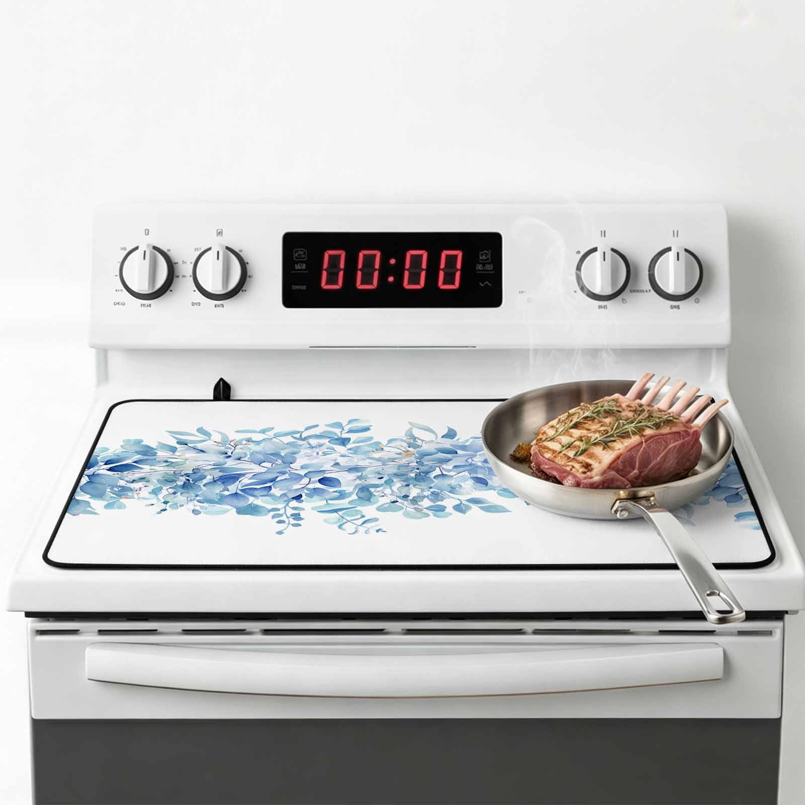 Blue Eucalyptus Leaves Stove Top Cover for Electric Stove, Heat-proof & Non Slip Glass Top Stove Cover Protector, Spring Summer Botanical Floral Kitchen Flat Cooktop Rubber Mat 31x24 Inches