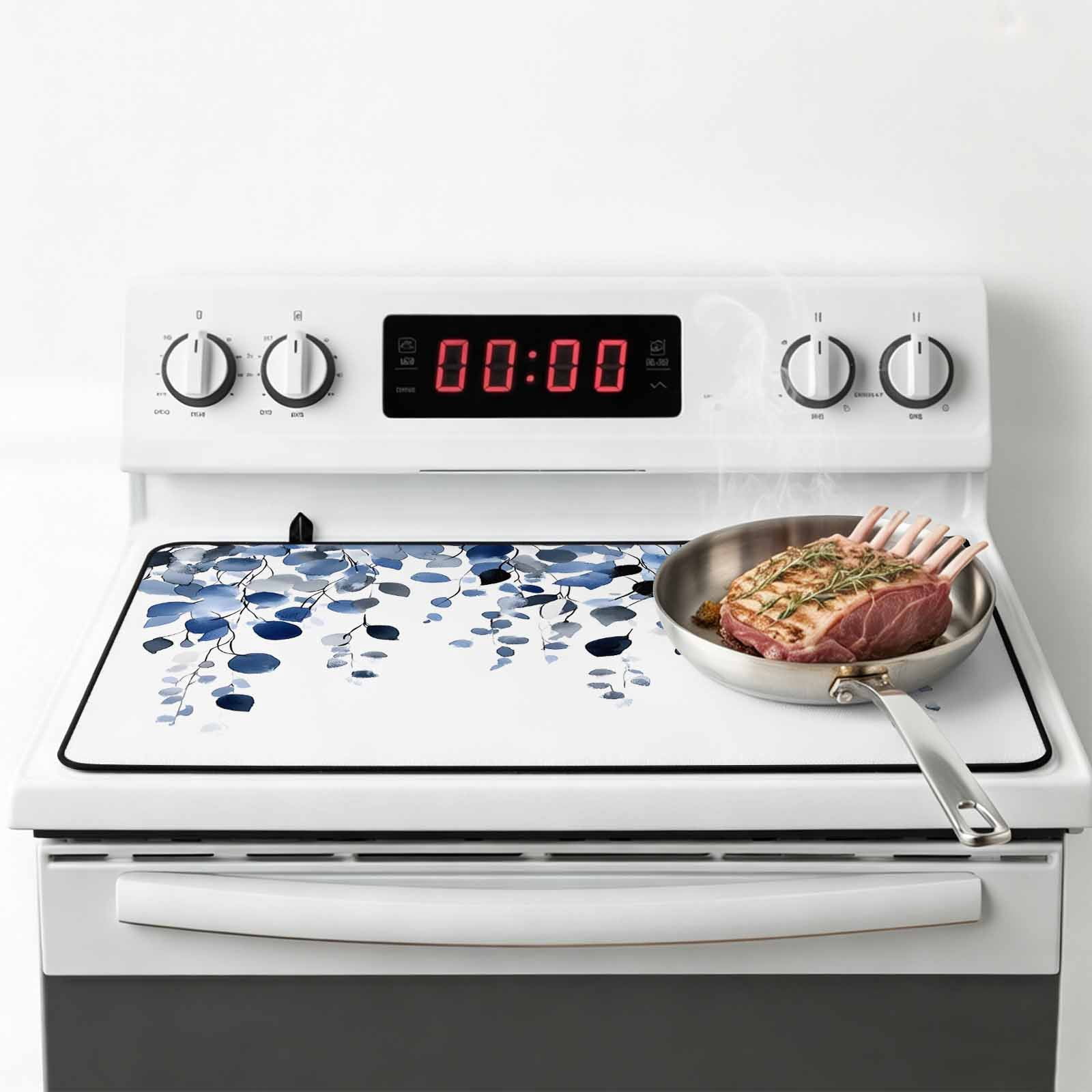 Blue Eucalyptus Leaves Stove Top Cover for Electric Stove, Heat-proof & Non Slip Glass Top Stove Cover Protector, Summer Botanical Watercolor Kitchen Flat Cooktop Rubber Mat 24x21 Inches