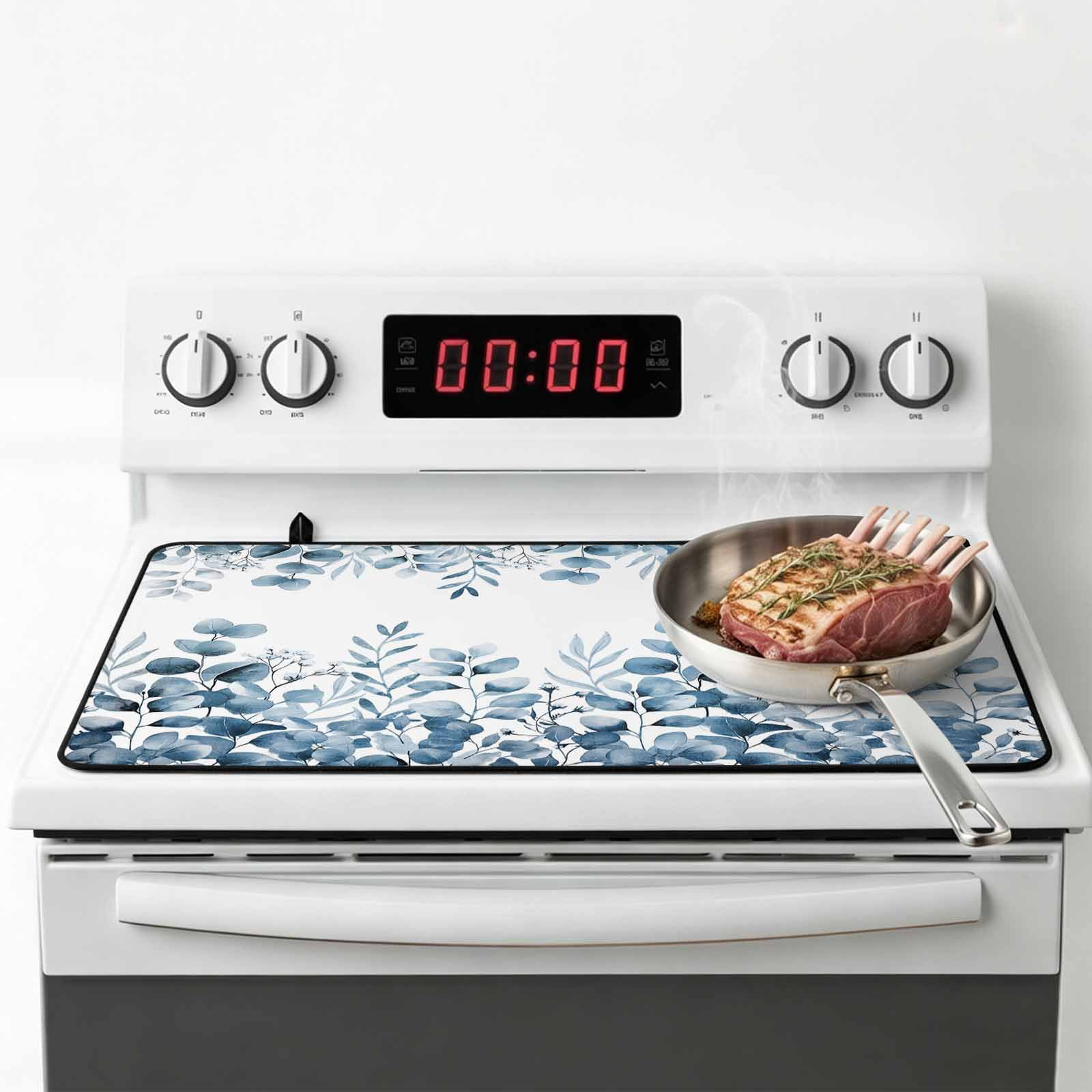 Blue Eucalyptus Leaves Stove Top Cover for Electric Stove, Heat-proof & Non Slip Glass Top Stove Cover Protector, Watercolor Spring Summer Botanical Kitchen Flat Cooktop Rubber Mat 24x21 Inches