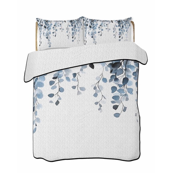 Blue Eucalyptus Leaves Summer Quilt Set Twin Size, Soft Microfiber Quilted Bedding Set with 2 Pillow Shams, Summer Farmhouse Botanical Lightweight All Season Bedspread Coverlet for Bedroom 68"x86"