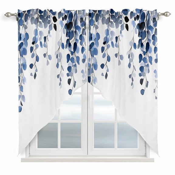 Blue Eucalyptus Leaves Swag Curtains Weeping Spring Botanical Summer Swag Valances for Kitchen Windows, Window Treatment Topper Curtains for Living Room Bedroom Bathroom, 36" W x 36" L