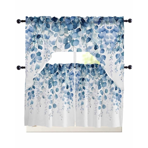 Blue Eucalyptus Leaves Swag Kitchen Curtains Sets for Windows 24 Inch Length, Summer Botanical Weeping Short Window Curtain Panels Swags Valances and Tiers 3 Piece Set for Cafe/Dining Room