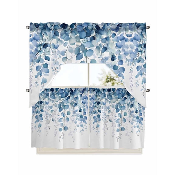 Blue Eucalyptus Leaves Swag Valance and Tier Curtains 24'' Length Set, Summer Botanical Weeping Light Filtering Kitchen Curtains, Tier Curtain Valances for Bathroom/Living Room/Bedroom/Café