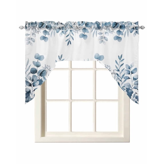 Blue Eucalyptus Leaves Swag Valances for Windows, Small Curtains Drapes, Watercolor Spring Summer Botanical Kitchen Window Curtains Over Sink Window Treatment Valance for Bedroom/Bathroom 56"x36"