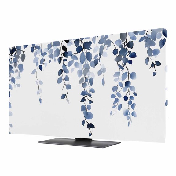 Blue Eucalyptus Leaves TV Dust Cover 24 Inch, Watercolor Retro Leaf Computer Monitor Cover Dustproof Stretchable Indoor TV Screen Protector for LED LCD Universal Monitors