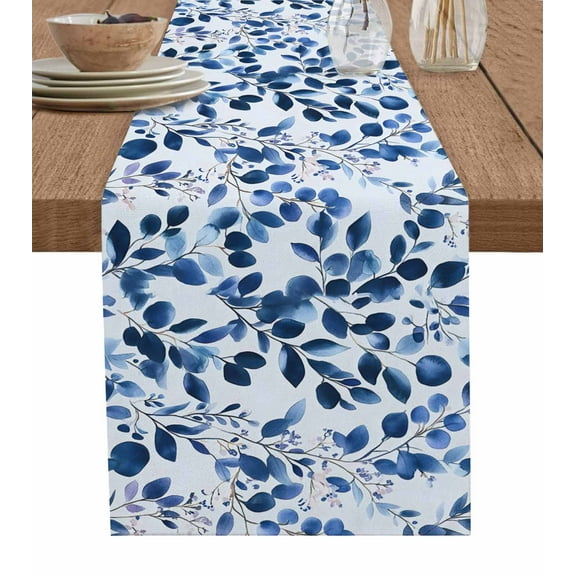 Blue Eucalyptus Leaves Table Runner 48 Inches, Spring Botanical Greenery Bed Runner Dresser Scarves Tabletop for Indoor Outdoor Parties/Ceremony/Banquet, 13" x 48"