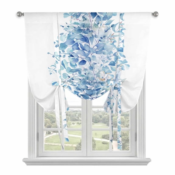 Blue Eucalyptus Leaves Tie Up Curtains for Small Windows,Adjustable Rod Pocket Valance 45 Inch Short, Spring Summer Botanical Floral Window Treatment Balloon Roman Blind Shade, 34" x 45"