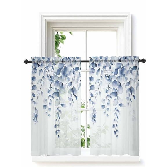 Blue Eucalyptus Leaves Tier Curtains 45 Inch Length,Sheer Curtains for Bedroom Living Room,Watercolor Spring Botanical Rod Pocket Voile Drapes Kitchen Curtains Small Half Window 27.5"x45" 2 Panels