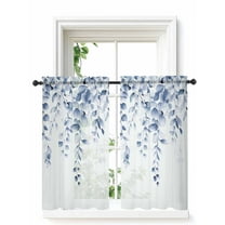 Blue Eucalyptus Leaves Tier Curtains 45 Inch Length,Sheer Curtains for Bedroom Living Room,Watercolor Spring Botanical Rod Pocket Voile Drapes Kitchen Curtains Small Half Window 27.5"x45" 2 Panels
