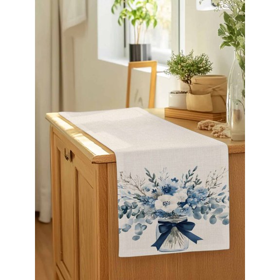 Blue Eucalyptus Leaves Vase on Linen Table Runner 13x90in Non-Slip Cotton Linen Table Runners, Spring Flower Leaf Dresser Scarves TableRunner for Dinner Kitchen Dining Wedding Party