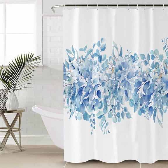 Blue Eucalyptus Leaves Waterproof Fabric Shower Curtain, Spring Summer Botanical Floral Shower Curtain for Bathroom Curtains Bathtubs Hotel Washable Shower Curtains with 12 Hooks Small 36x72in