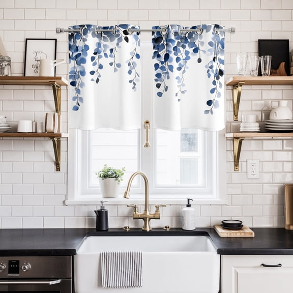 Blue Eucalyptus Leaves Window Curtains Panels with Silver Grommet, Weeping Spring Botanical Summer Kitchen Cafe Curtain Draperies Window Treatment Set for Living Room/Bedroom/Laundry/Bathroom, 55x39