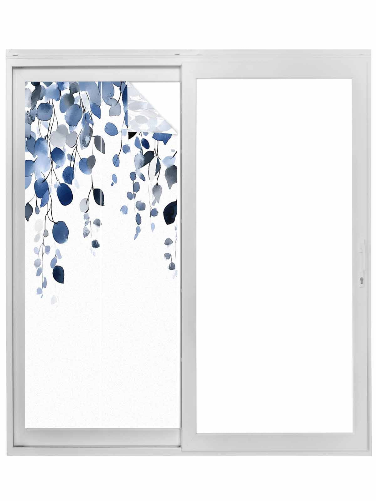 Blue Eucalyptus Leaves Window Privacy Film, Summer Botanical Watercolor Static Cling UV Sun Blocking Tint Film Heat Control Windows Films for Bedroom Bathroom, Window Stickers 29.5"x78.7"