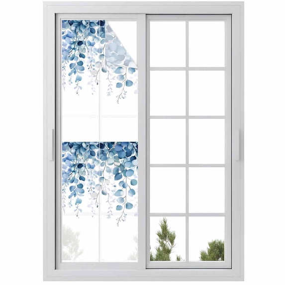 Blue Eucalyptus Leaves Window Privacy Film, Summer Botanical Weeping Static Cling UV Sun Blocking Heat Control Window Tint Day and Night, Non-Adhesive One Way Windows Privacy Cover 17.7''x78.7''
