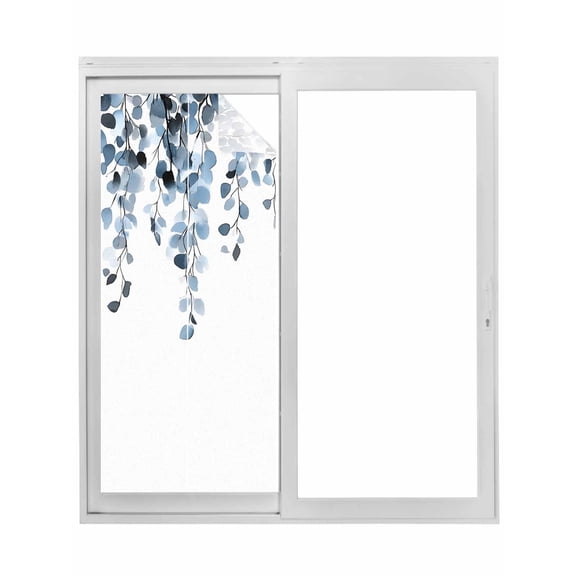 Blue Eucalyptus Leaves Window Privacy Film, Summer Farmhouse Botanical Static Cling UV Sun Blocking Tint Film Heat Control Windows Films for Bedroom Bathroom, Window Stickers 17.7"x39.3"