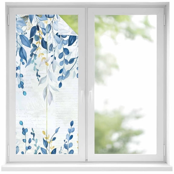 Blue Eucalyptus Leaves Window Privacy Film, Watercolor Botanical Weeping Leaf Static Cling UV Sun Blocking Heat Control Window Tint Day and Night, Non-Adhesive One Way Privacy Cover 17.7''x39.3''