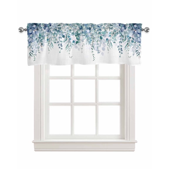 Blue Eucalyptus Linen Curtain Valance for Bedroom/Bathroom/Kitchen/Office/Living/Dining Room Windows,Rustic Botanical Aesthetic Herb Leaves Pocket Topper Drapes Decorative Cafe Drapery Panel 42x12