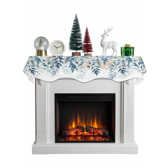 Blue Eucalyptus Mantel Scarf Fireplace Decorations for Living Room, Christmas Leaves Xmas Poinsettia Winter Snowy Fireplace Mantel Scarf Cover Runner for Thanksgiving/Christmas Decor 90"x17"