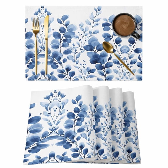 Blue Eucalyptus Placemats Set of 4 Spring Botanical Leaves Watercolor Place Mats Indoor Wipeable Table Mats Washable Cloth Dining Table Placemats for Kitchen Holiday Party Home Decor 13x19 Inch