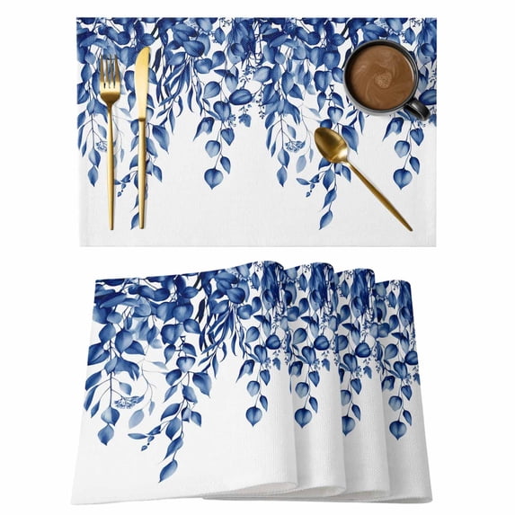 Blue Eucalyptus Placemats Set of 4, Weeping Botanical Watercolor Placemats for Dining Table, Place Mats for Kitchen Tabletop, Waterproof Wipeable Dining Table Mats Set