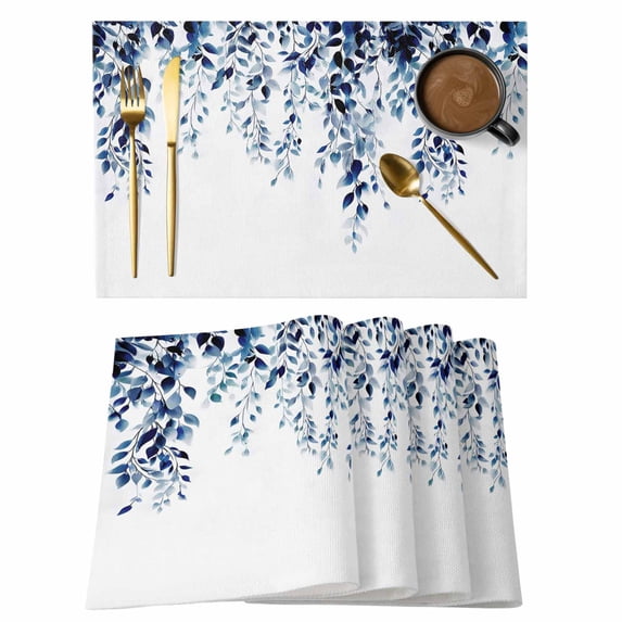 Blue Eucalyptus Placemats Set of 6, Weeping Botanical Leaf Watercolor Placemats for Dining Table, Place Mats for Kitchen Tabletop, Waterproof Wipeable Dining Table Mats Set