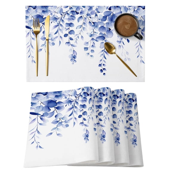 Blue Eucalyptus Placemats Set of 8,Cotton Linen Fabric Place Mats,Botanical Plant Rustic Succulent Branch Washable Decorative Table Mats Protector for Home Kitchen Dining Wedding Party Coffee Tables
