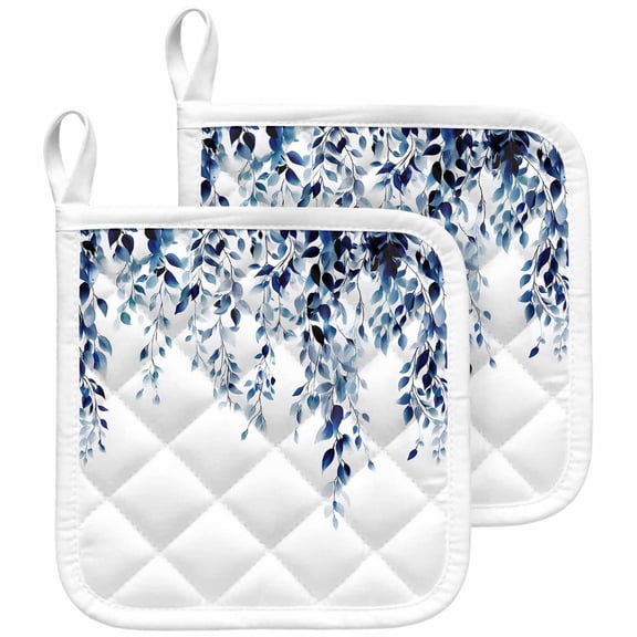 Blue Eucalyptus Pot Holders for Kitchen Heatproof Potholder, 2 Pack Weeping Botanical Leaf Watercolor Hot Pads Multipurpose Oven Pads Cloth Potholders Trivet for Cooking and Baking
