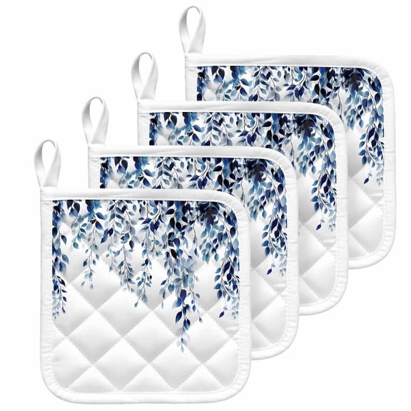 Blue Eucalyptus Pot Holders for Kitchen Heatproof Potholder, 4 Pack Weeping Botanical Leaf Watercolor Hot Pads Multipurpose Oven Pads Cloth Potholders Trivet for Cooking and Baking