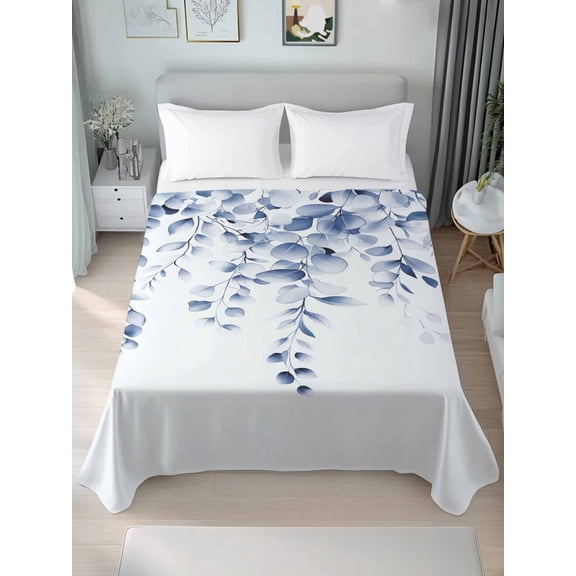 Blue Eucalyptus Queen Size Flat Sheet, Wrinkleproof & Fadeproof Cooling Flat Bed Sheet Only, Botanical Plant Rustic Branch Floral Breathable Soft Bedding Top Sheets 90 x 102 Inches
