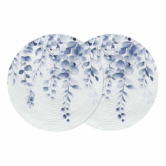 Blue Eucalyptus Round 13 Inch Placemats Set of 2, Botanical Plant Rustic Branch Floral HeatResistant Non Slip Place Mats for Dining Table, Wipeable Braided Kitchen Table Mats for Housewarming