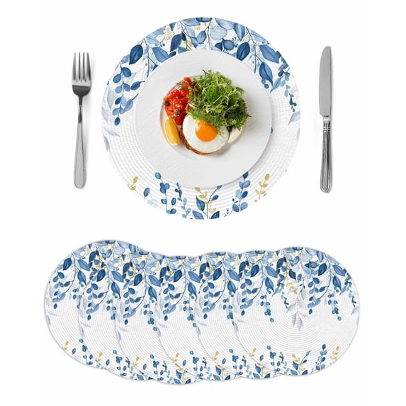 Blue Eucalyptus Round 13 Inch Placemats Set of 6, Watercolor Spring Weeping Botanical HeatResistant Non Slip Place Mats for Dining Table, Wipeable Braided Kitchen Table Mats for Housewarming