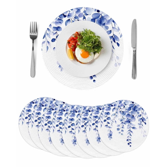 Blue Eucalyptus Round 13 Inch Placemats Set of 8, Botanical Plant Rustic Succulent Branch HeatResistant Non Slip Place Mats for Dining Table, Wipeable Braided Kitchen Table Mats for Housewarming