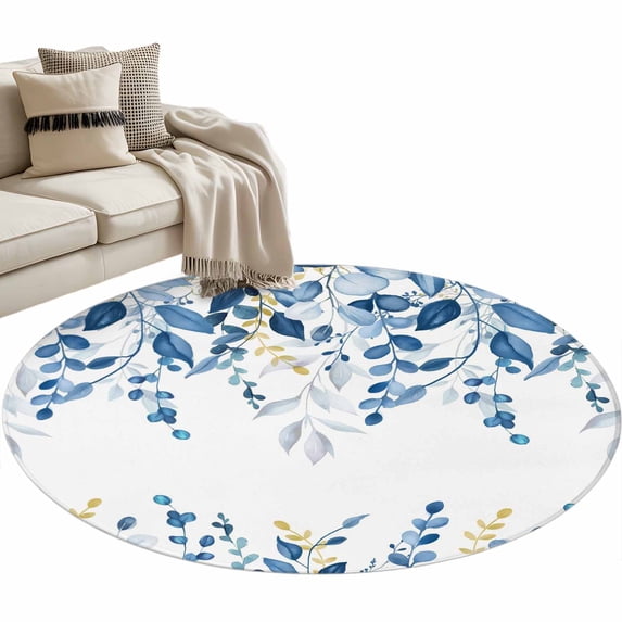 Blue Eucalyptus Round Area Rugs Collection 4', Watercolor Spring Weeping Botanical Non Slip Indoor Circular Throw Runner Rug Floor Mat Carpet for Living Room Dining Table Bedroom Nursery