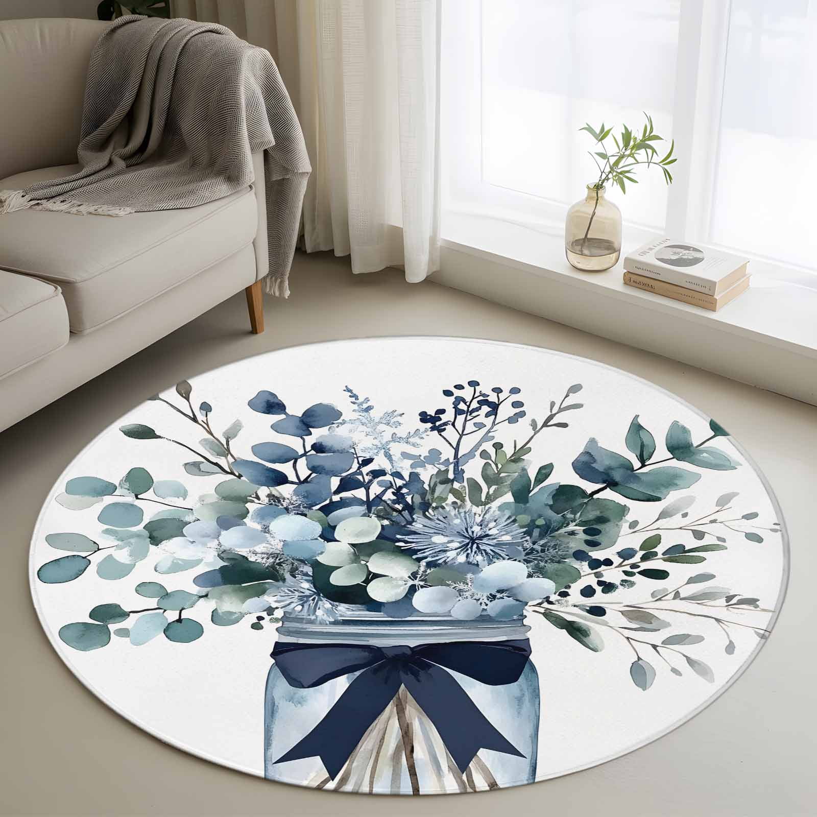 Blue Eucalyptus Round Rugs for Living Room 3ft Leaves Bottle Ribbon ...