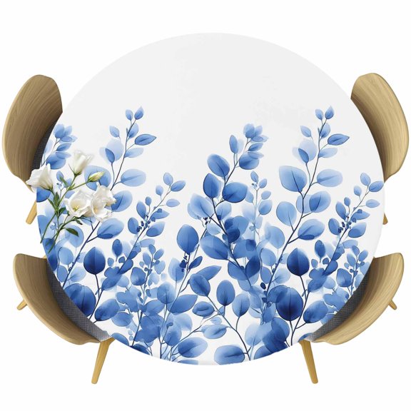 Blue Eucalyptus Round Tablecloth 36-44 Inch Round Fitted Table Cloth with Elastic Edge, Botanical Leaf Pastoral Garden Waterproof Table Cover Protector for Outdoor Picnic Party Dining