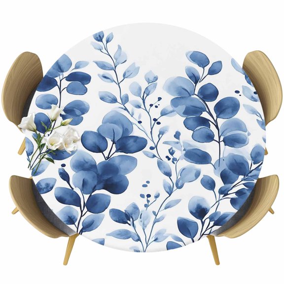 Blue Eucalyptus Round Tablecloth 36-44 Inch Round Fitted Table Cloth with Elastic Edge, Spring Botanical Leaves Watercolor Waterproof Table Cover Protector for Outdoor Picnic Party Dining