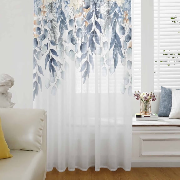 Blue Eucalyptus Semi Sheer Curtains Drapes for Living Room,Bedroom,French Doors Window 54 Inches Long,Christmas Leaves Xmas Poinsettia Winter Snowy Rod Pocket Chiffon Curtain Voile Drapery Panel