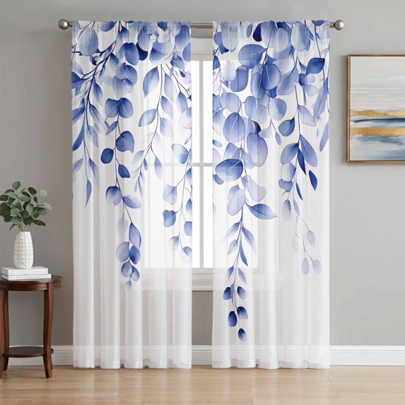 Image showcasing Blue Eucalyptus Sheer Curtains 72 Inch Length 2 Panels Set, Botanical Plant Rustic Branch Voile ...