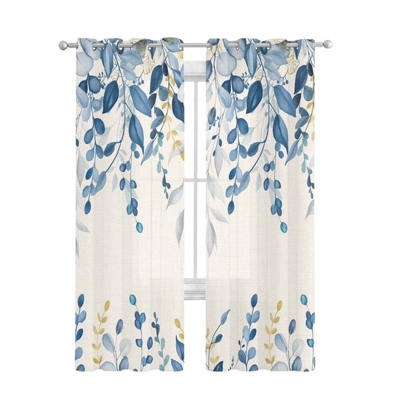 Blue Eucalyptus Sheer Curtains 84 Inch Length 2 Panels Set for Living Room/Bedroom, Farmhouse Weeping Leaves Linen Kitchen Curtains Grommet Semi-Sheer Curtains Drapes Window Treatments 42"x84"x2