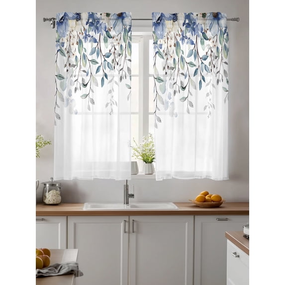 Blue Eucalyptus Sheer Kitchen Tier Curtains 45 Inch length,Rod Pocket Half Curtains & Drapes,Farmhouse Flowers Leaf White Watercolor Chiffon Cafe Bathroom Window Treatments 2 Pcs 27.5"W x 45"L
