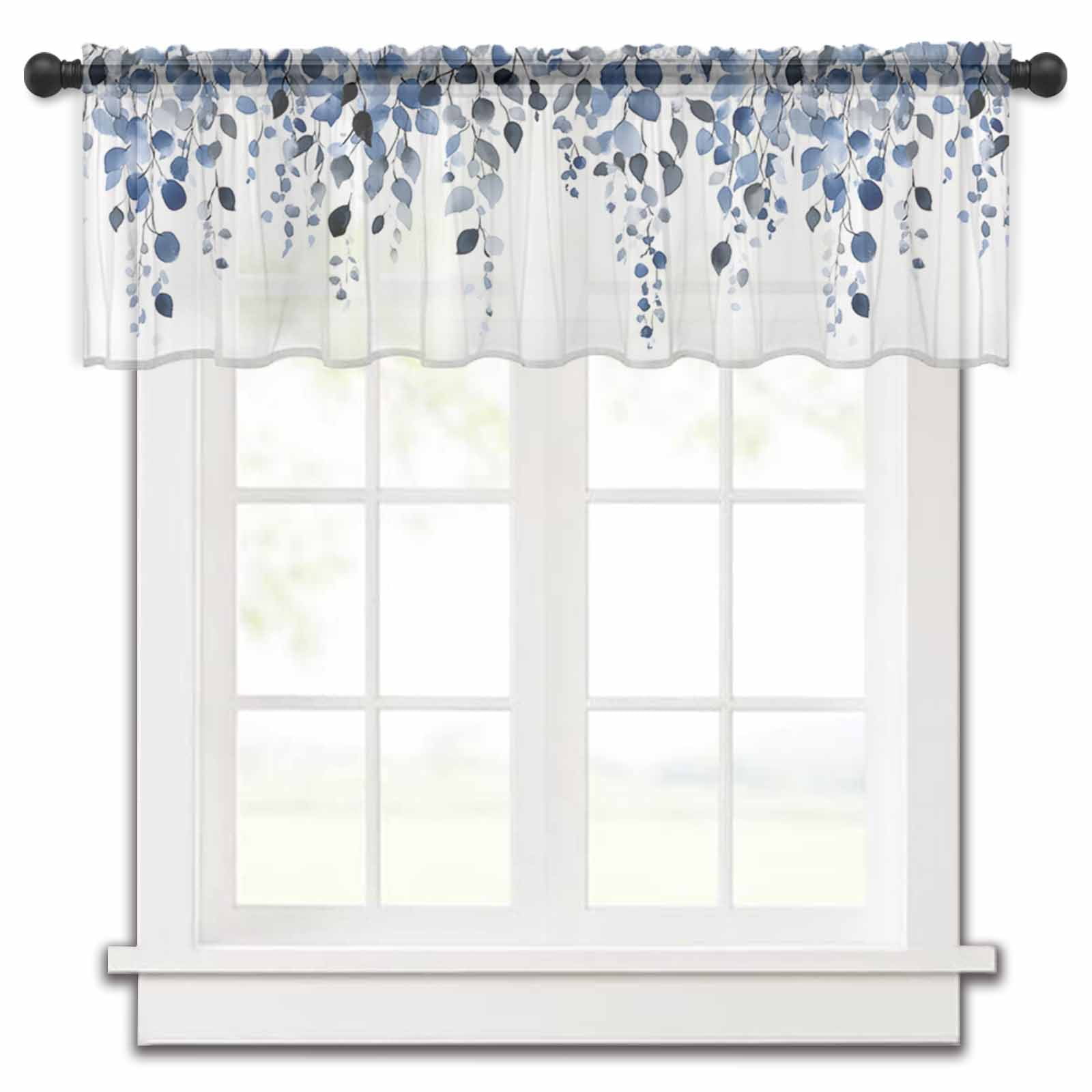Blue Eucalyptus Sheer Valance Curtains for Kitchen/Living Room/Bathroom