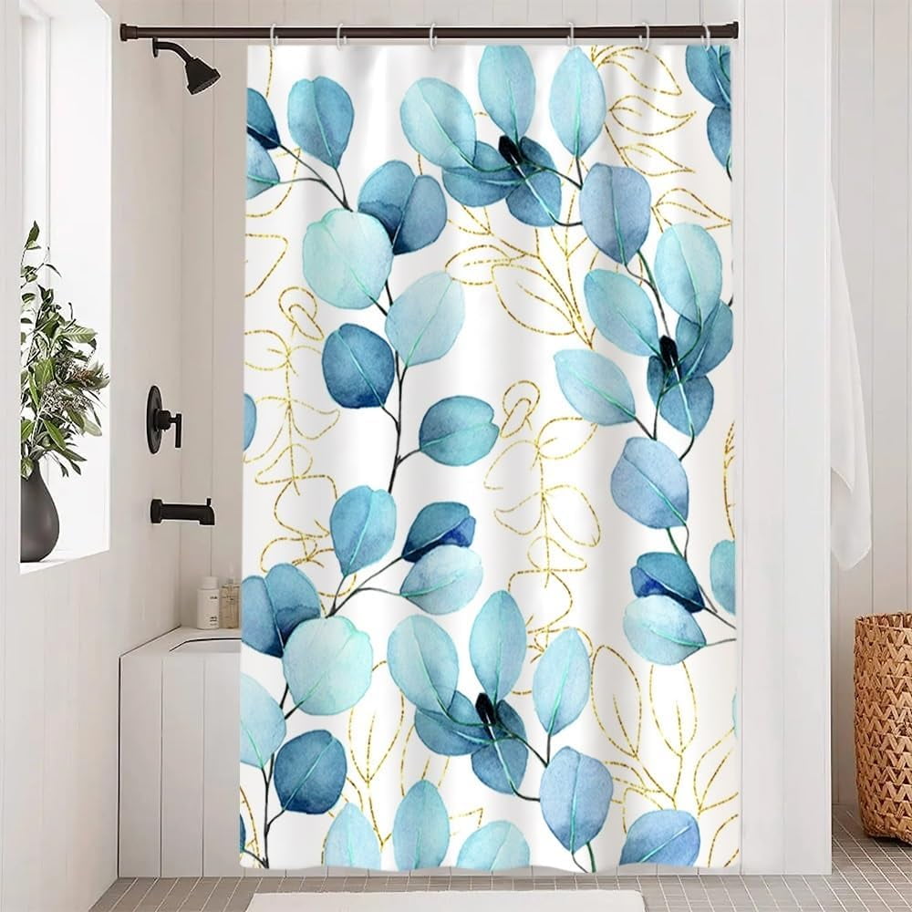 Blue Eucalyptus Shower Curtain, Abstract Blue and Gold Spring Botanical ...