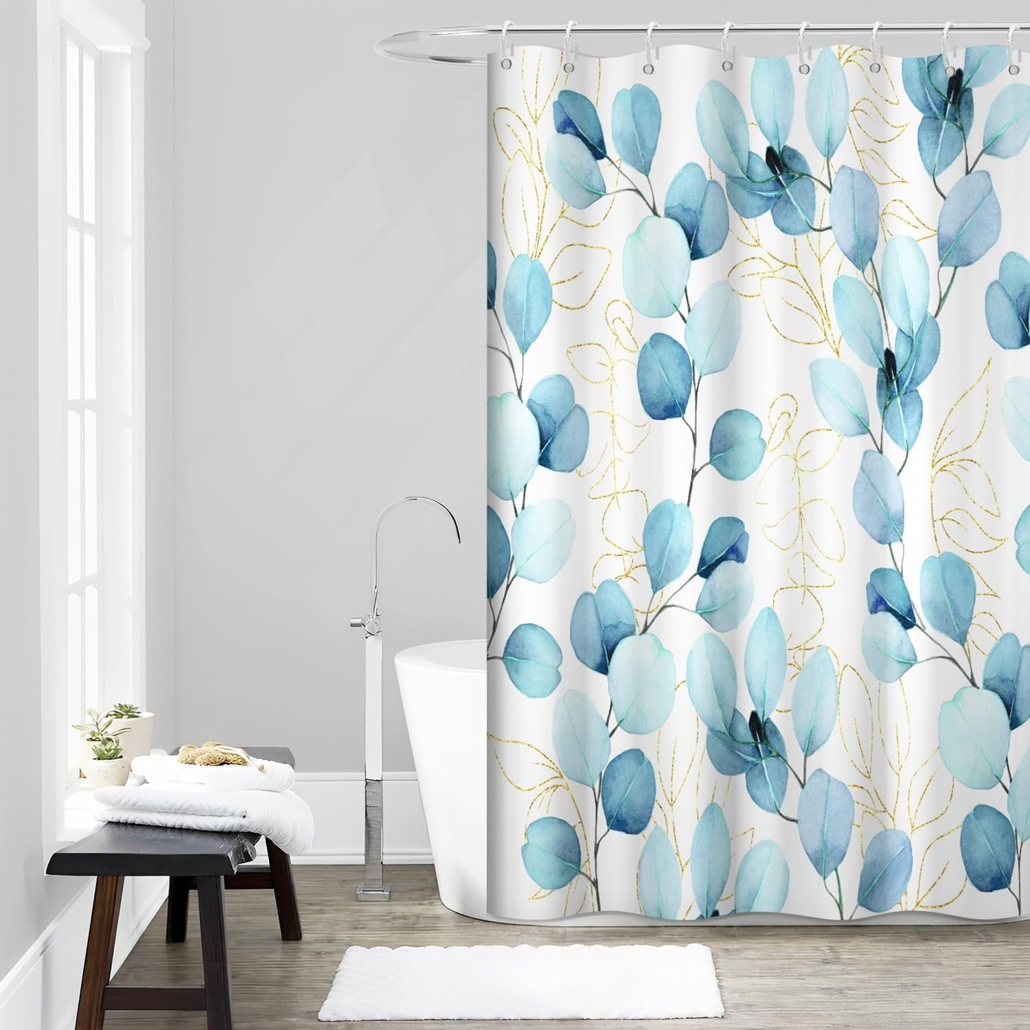 Blue Eucalyptus Shower Curtain, Abstract Blue and Gold Spring Botanical ...